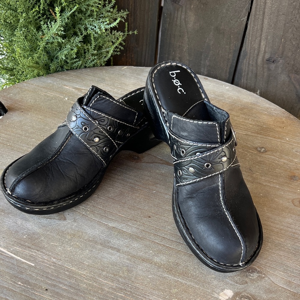 b.o.c. Black Leather Slip-On Mules with Studded Strap